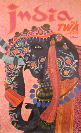  Affiche Ancienne Originale India, Fly TWA jets Par David Klein - 14343619451540.jpg